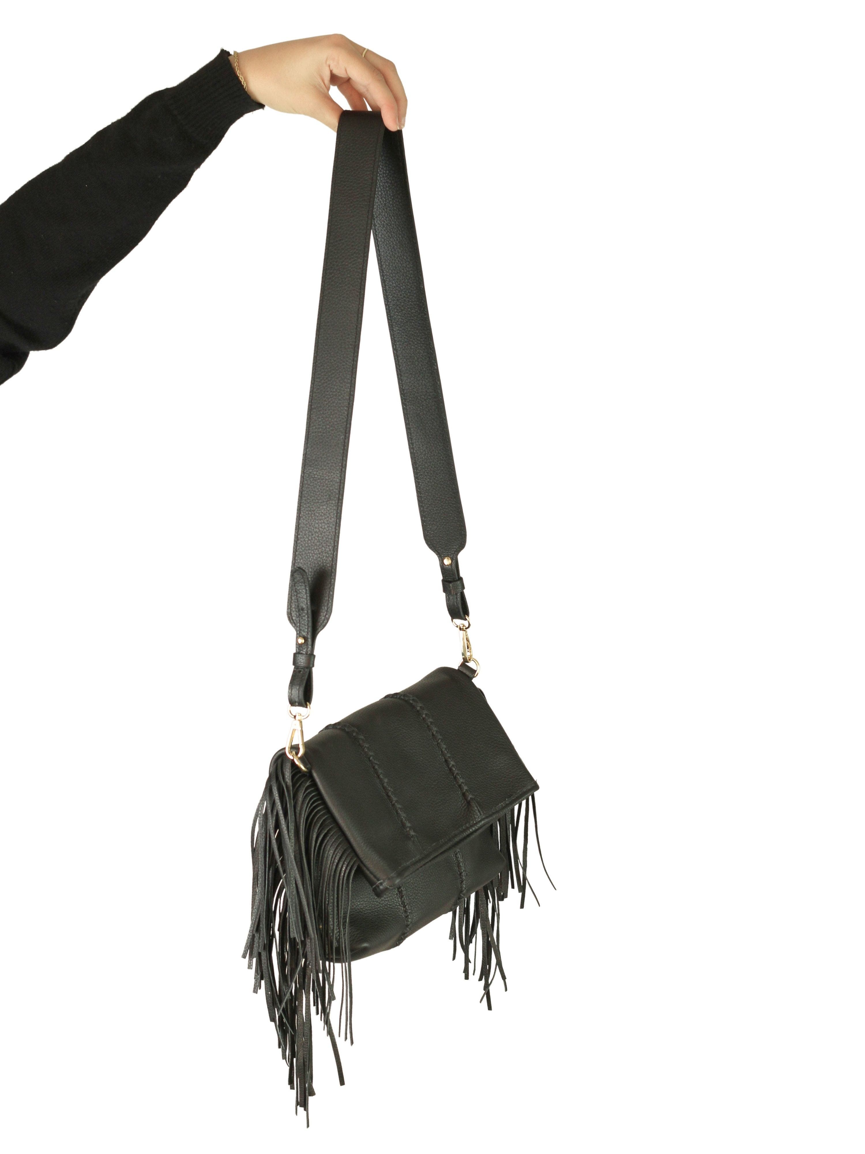 Carlos Falchi Mini Fringe Suede Foldover Crossbody Clutch, Alternate, color, Black Obsidian