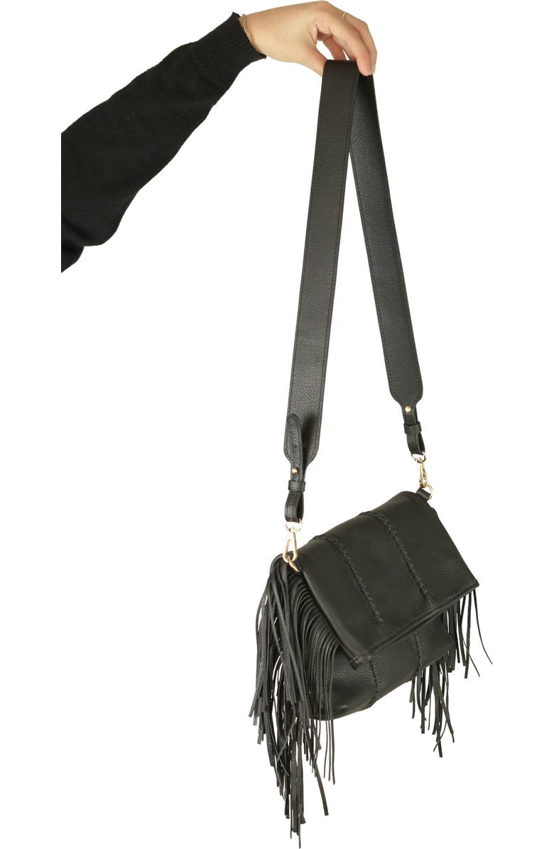 Carlos Falchi Mini Fringe Suede Foldover Crossbody Clutch, Alternate, color, Black Obsidian