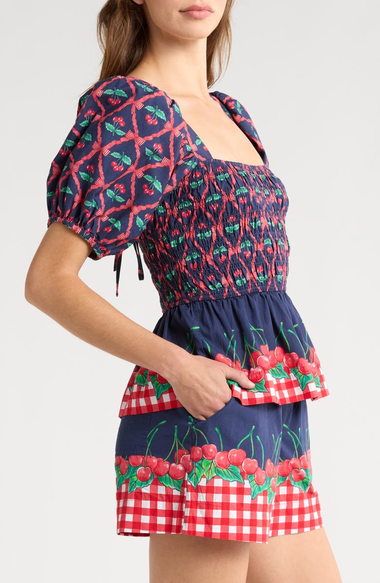 Damson Madder Allegra Cherry Pie Smocked Organic Cotton Peplum Top, Alternate, color, Navy/ Red