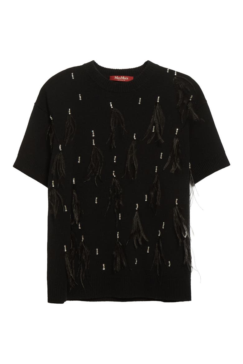 Oblo Crystal & Feather Embellished Short Sleeve Sweater, Alternate, color, BLACK