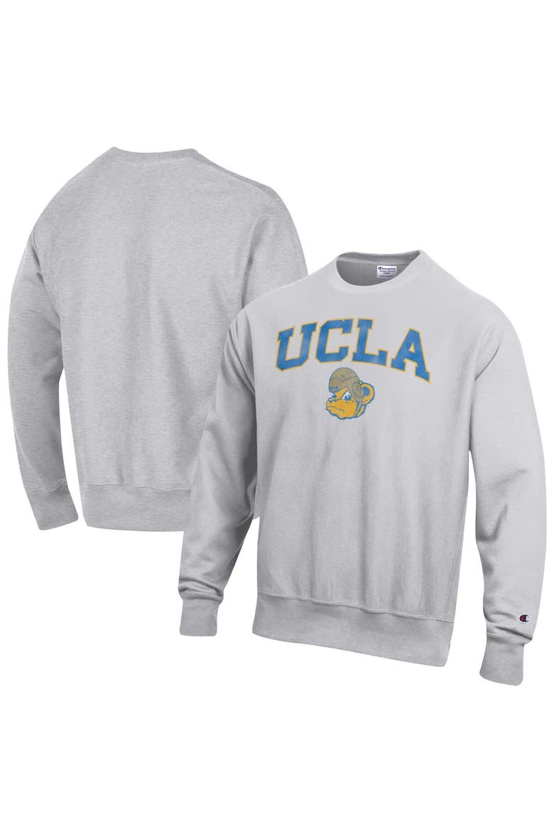 Men's Champion Gray UCLA Bruins Distressed Arch Over Logo Reverse Weave Crew Neck Sweatshirt, Main, color, Gray