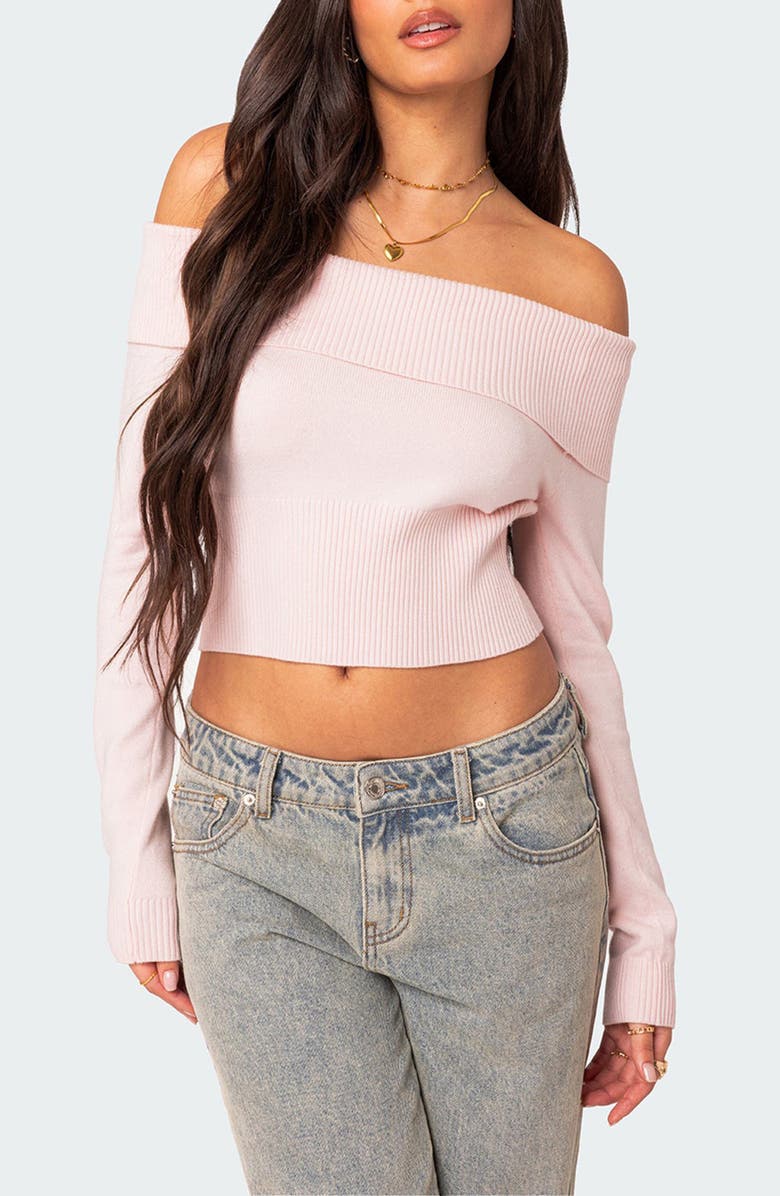 EDIKTED Minnie Foldover Knit Crop Top, Main, color, Light-Pink