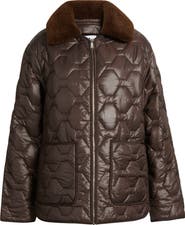 Sam Edelman Wide Hexagon Quilted Coat with Removable Faux Fur Collar