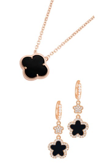 Adornia Clover Pendant Necklace & Drop Earrings Set In Black