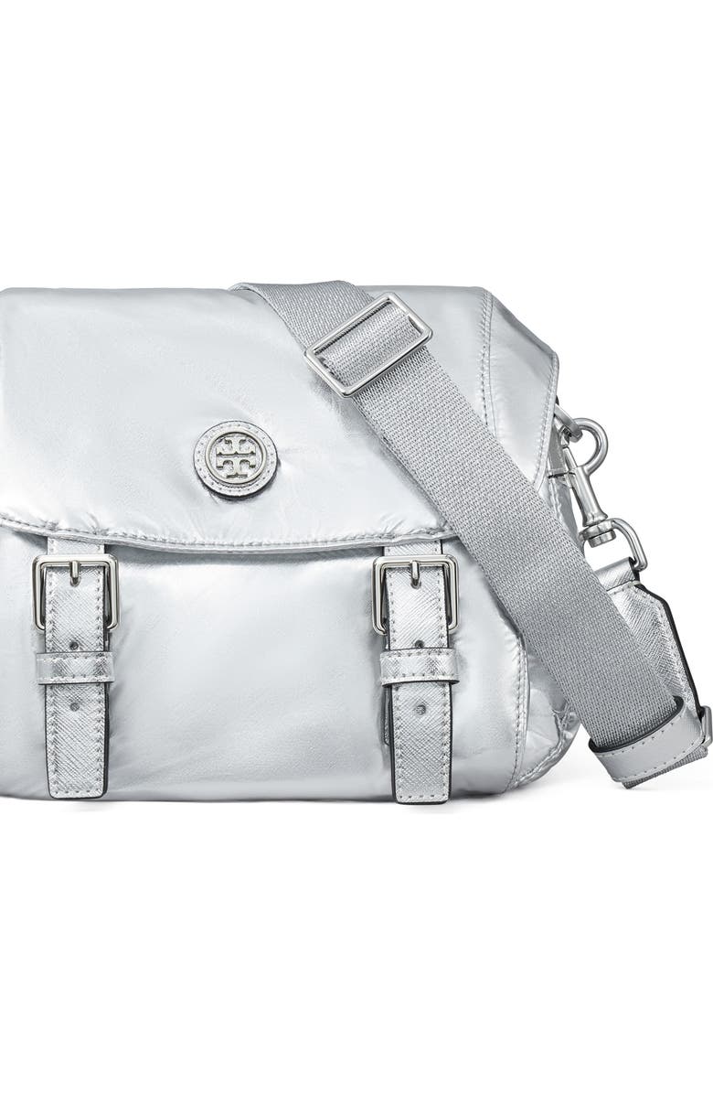 Tory Burch Small Virginia Metallic Nylon Messenger Bag, Alternate, color, Silver