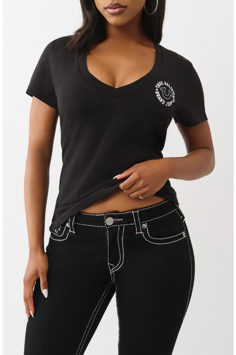Crystal Horseshoe V-Neck T-Shirt, Main, color, JET BLACK