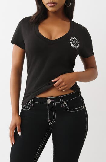 True Religion Crystal Horseshoe V-neck T-shirt In Black