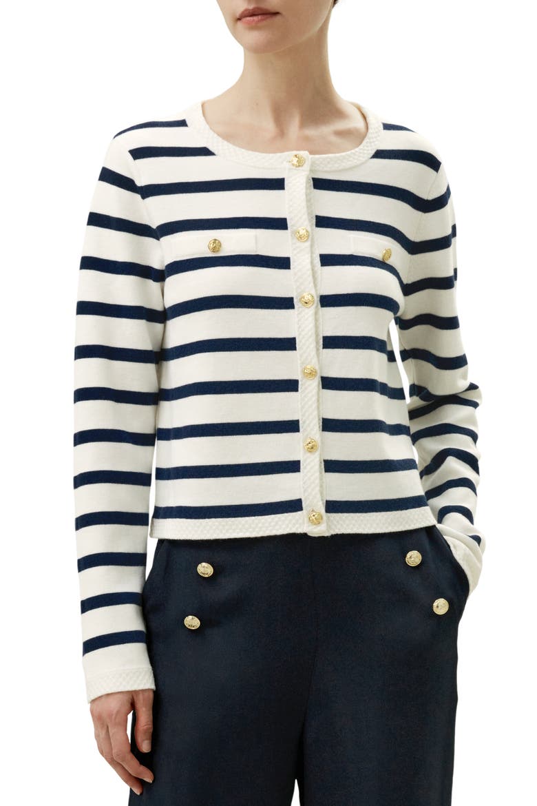 Gariana Striped Wool Cardigan, Main, color, Navy Blue