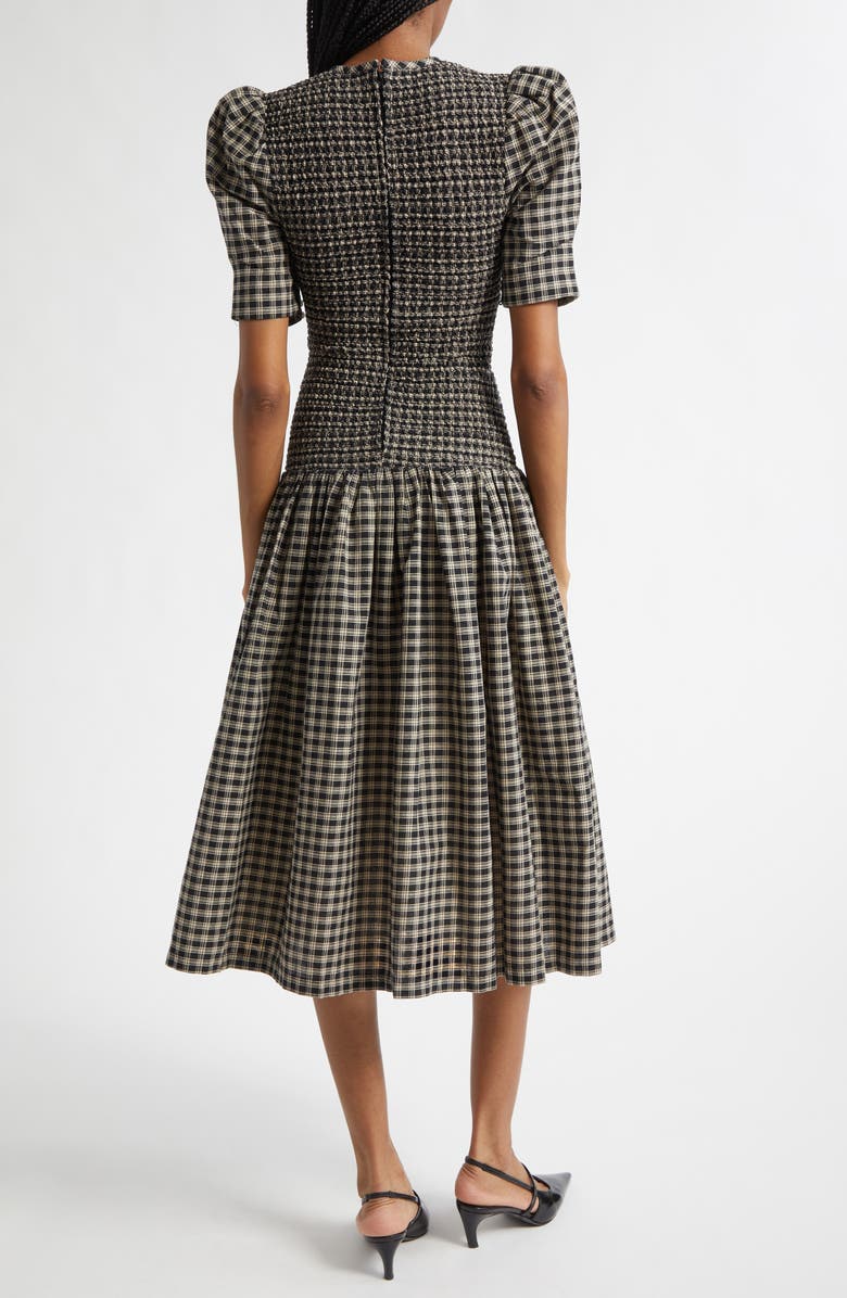 Tanner Fletcher Gender Inclusive Imelda Smocked Plaid Midi Dress, Alternate, color, Black