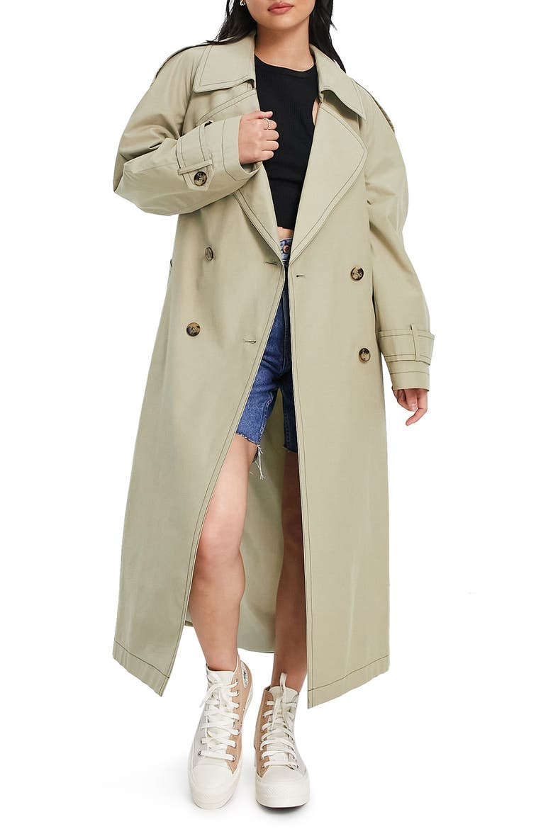 Contrast Stitch Oversize Longline Trench Coat, Main, color, LIGHT GREEN