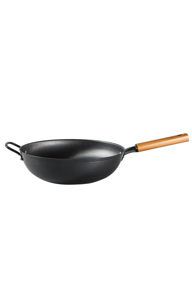 Dunwood 3-Piece 13.8 in PFAS-Free Carbon Steel Wok Set with Wooden Tools, Alternate, color, Silver