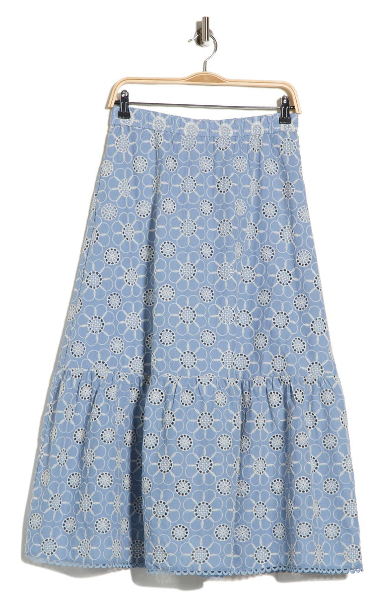 Ellen Tracy Embroidered Cotton Tiered Skirt, Main, color, Blue Daisy