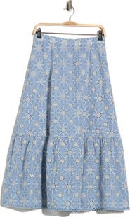 Ellen Tracy Embroidered Cotton Tiered Skirt