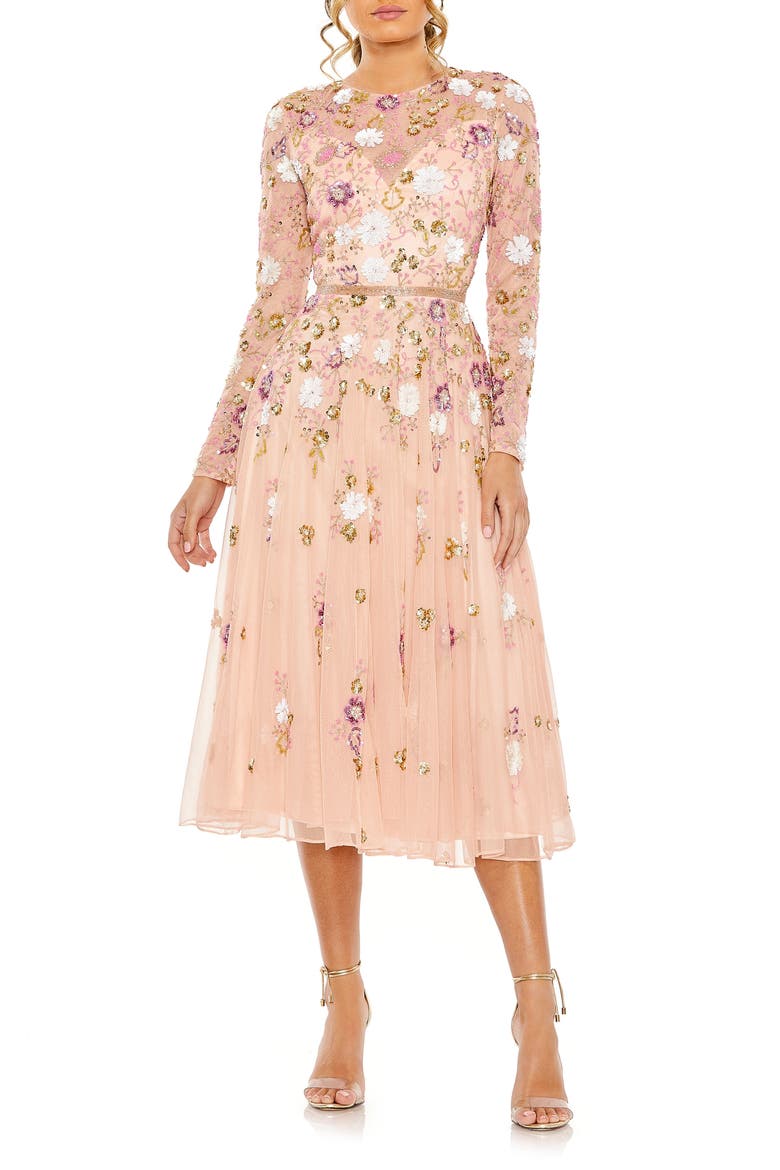 Sequined Floral Long Sleeve High Neck Midi Dress, Main, color, BLUSH