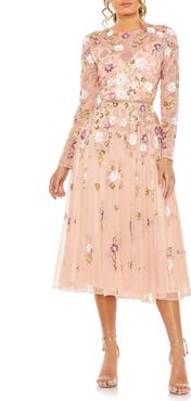 Mac Duggal Sequined Floral Long Sleeve High Neck Midi Dress