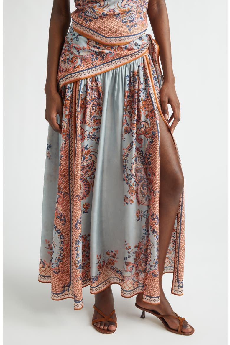 Aster Paisley Scarf Tie Silk Maxi Skirt, Main, color, BLUE PAISLEY FLORAL