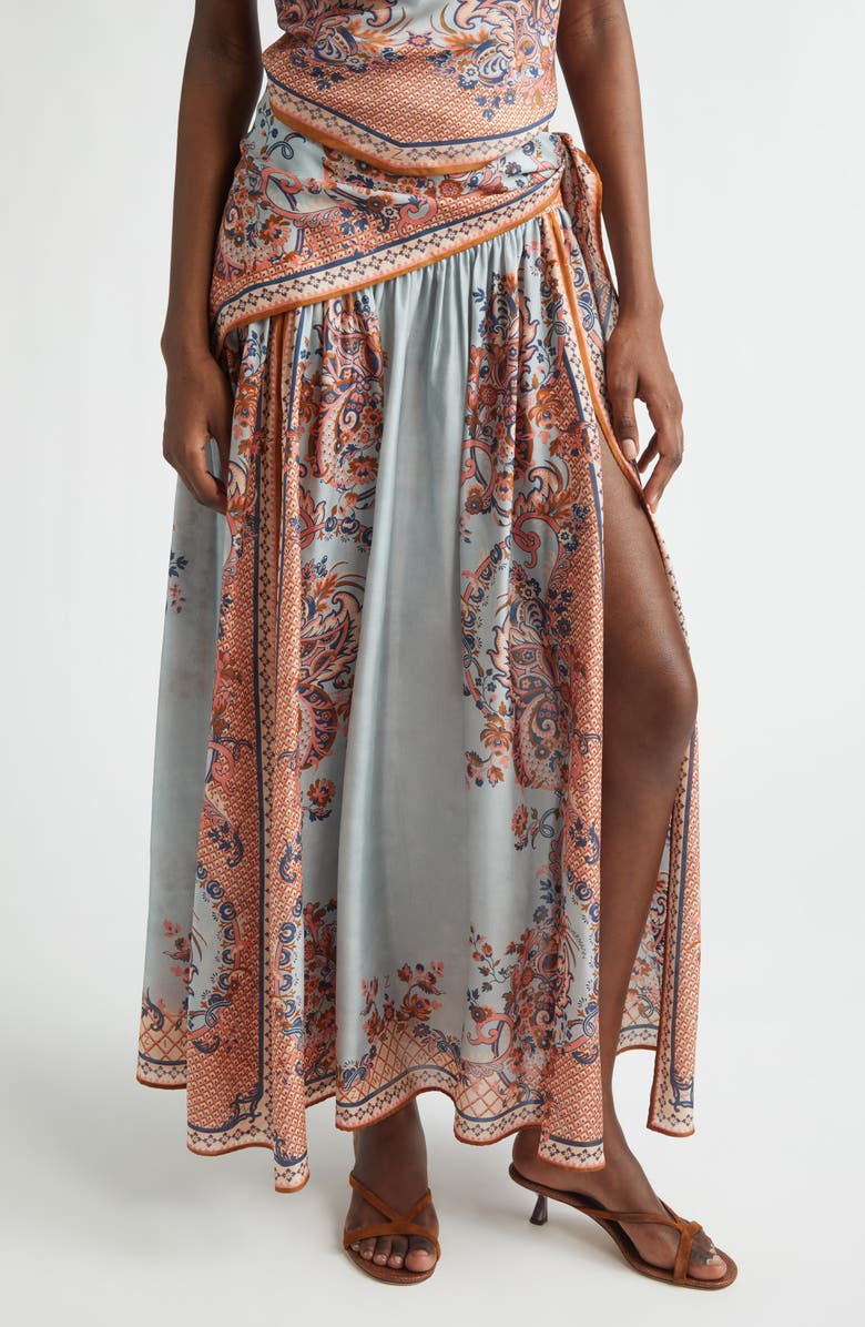 Zimmermann Aster Paisley Scarf Tie Silk Maxi Skirt, Main, color, Blue Paisley Floral