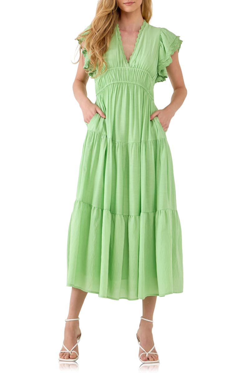 Free the Roses Tiered Flutter Sleeve Midi Dress, Main, color,