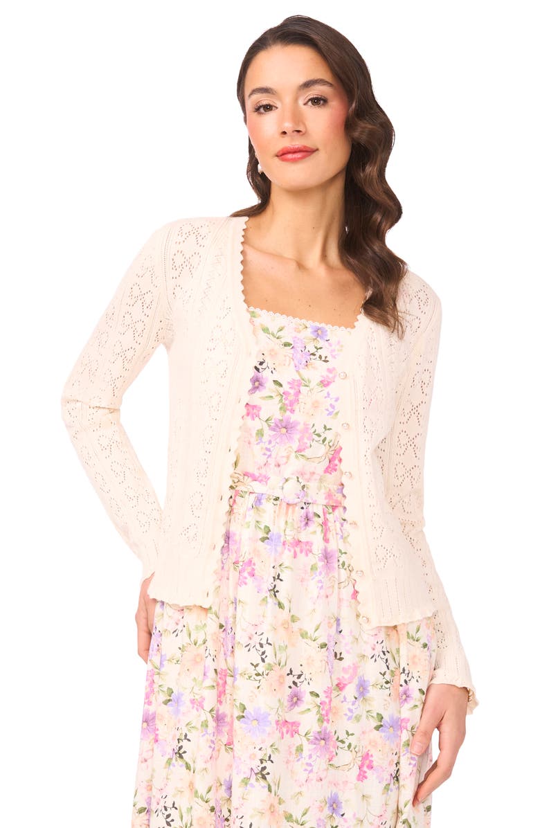 CeCe Pointelle Stitch Bow Cotton Cardigan, Alternate, color, Eggnog