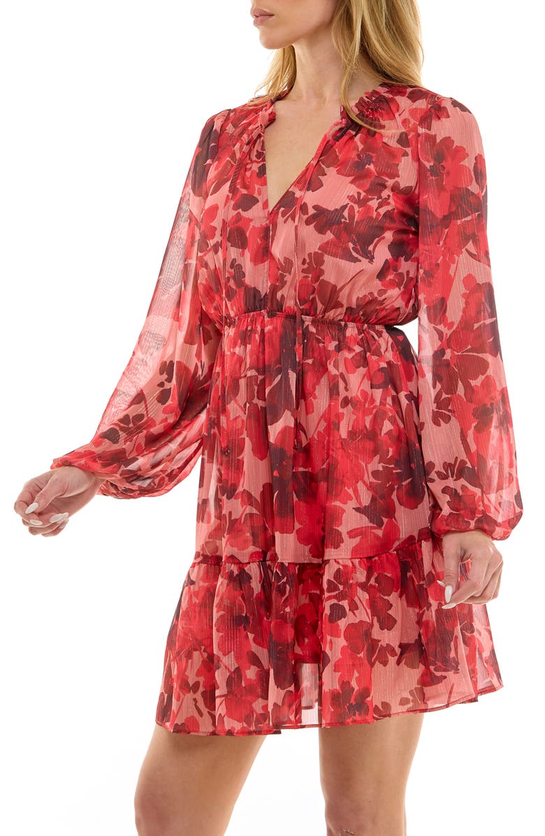 Socialite Tie Neck Long Sleeve Dress, Alternate, color, Pink/ Red