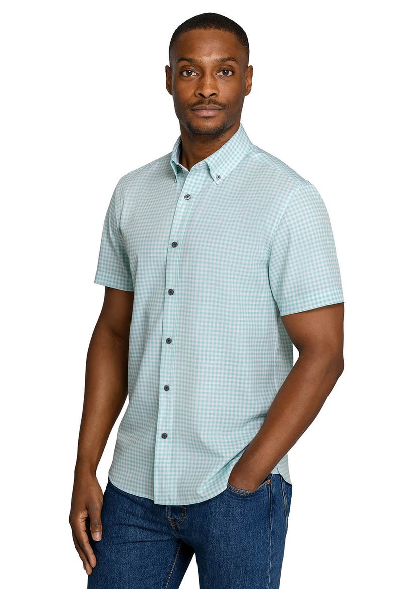 Slim Fit Gingham Woven Short Sleeve Basic Shirt, Alternate, color, MINT