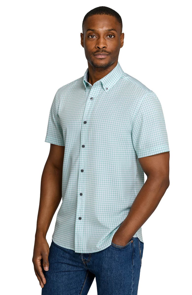 CONSTRUCT Slim Fit Gingham Woven Short Sleeve Basic Shirt, Alternate, color, Mint