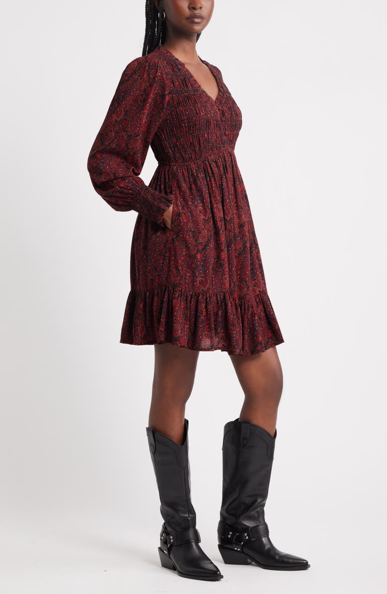 Treasure & Bond Long Sleeve Smocked Bodice Dress, Alternate, color, Black- Red Gemma Medallion