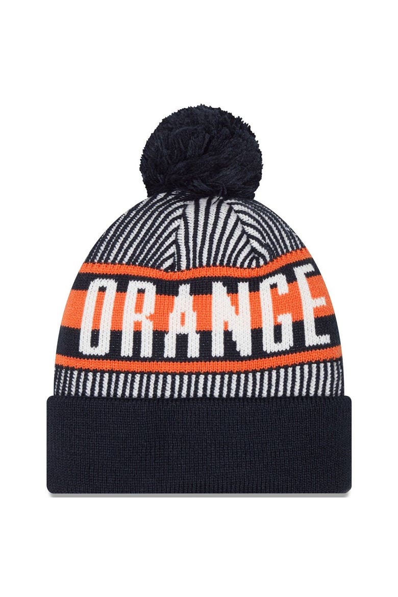 Men's New Era  Navy Syracuse Orange Logo Striped Cuff Knit Hat with Pom, Alternate, color, Navy