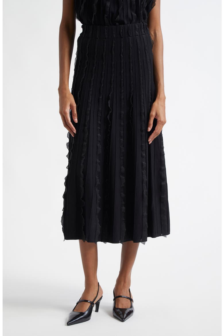 Pleated Mixed Media Midi Skirt, Main, color, BLACK