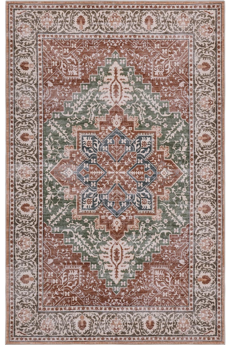 Eleanor Vintage Medallion Border Non-Slip Machine-Washable Green/Brown 4 ft. x 6 ft. Area Rug, Alternate, color, Green/Brown