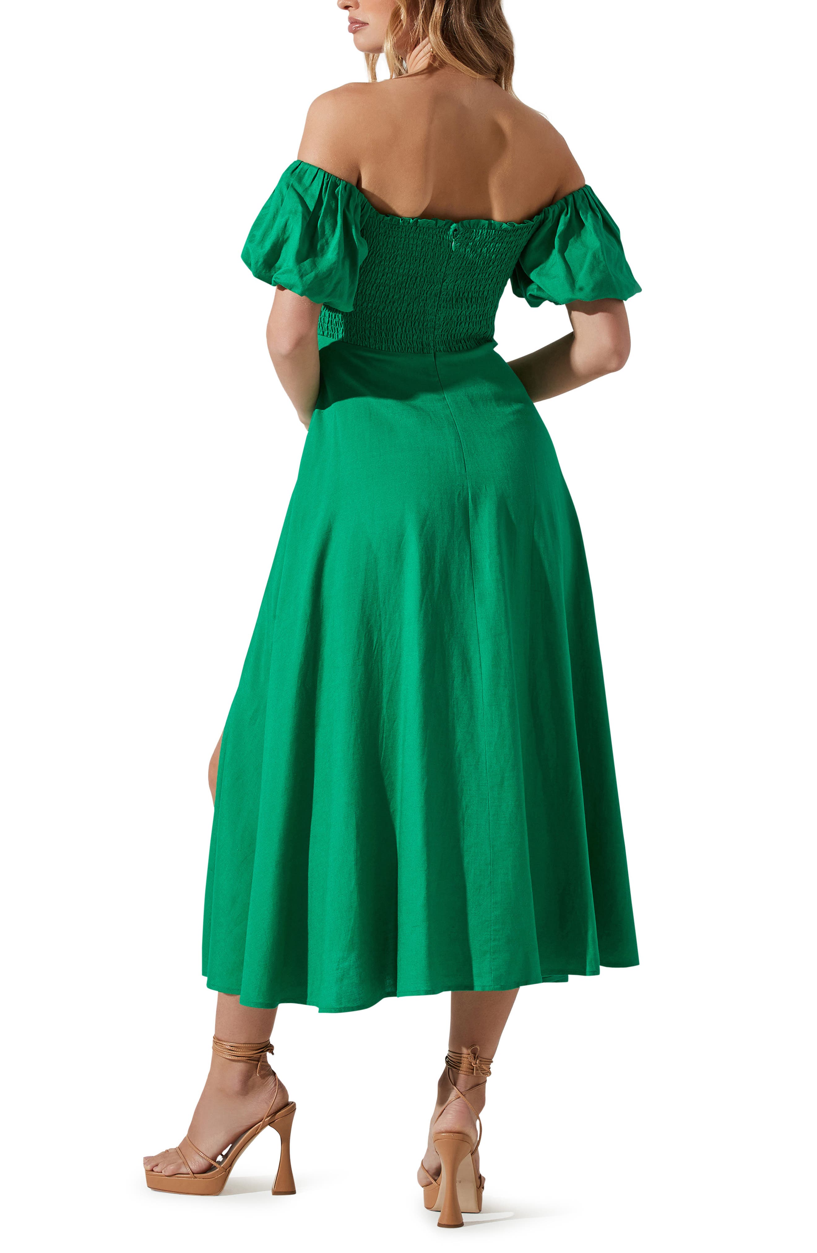 astr off shoulder puff sleeve midi dress ASTR The Label Carlin Off Shoulder Puff Sleeve Midi Dress - Mango
