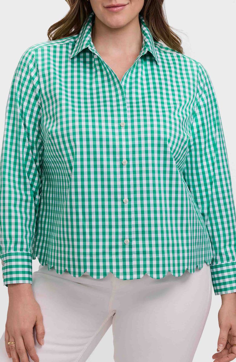 Foxcroft Scarlett Gingham Scallop Hem Button-Up Shirt, Main, color, Kelly Green/ White