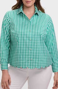 Foxcroft Scarlett Gingham Scallop Hem Button-Up Shirt