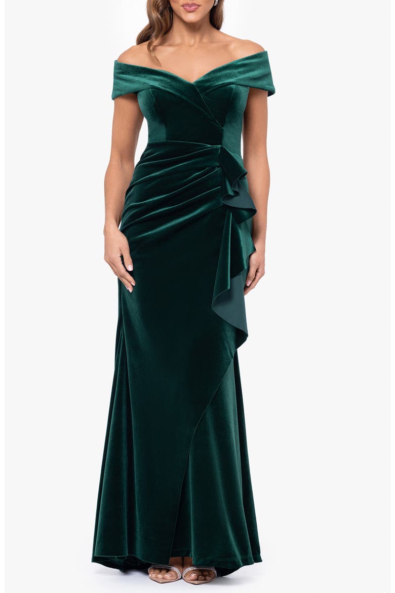 xscape off the shoulder ruffle dress Pearl Techno Scuba Off the Shoulder Ruffle Dress