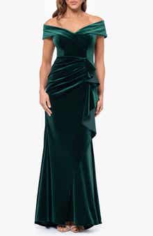 Xscape Evenings Ruffle Off the Shoulder Stretch Velvet Gown