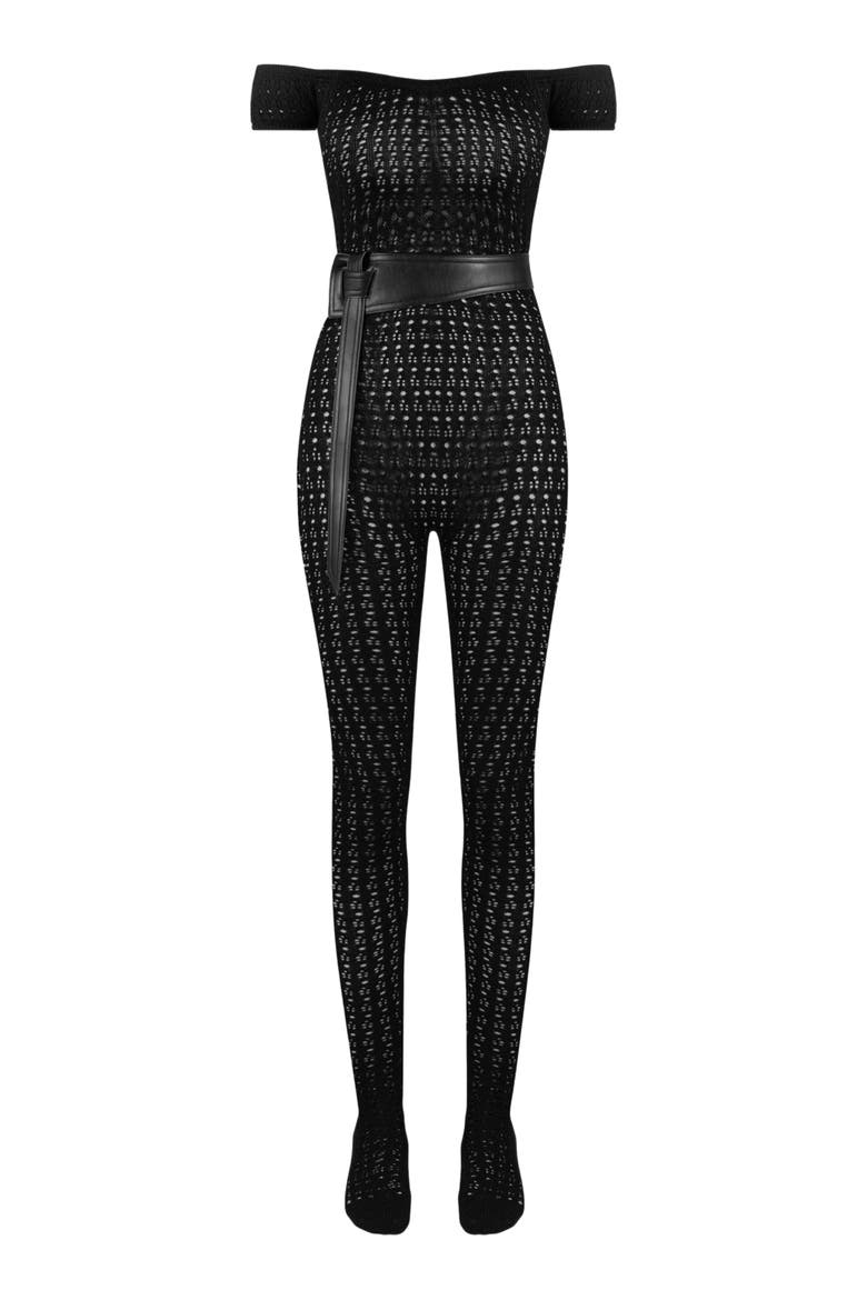Martine Pointelle Knit Bardot Jumpsuit with Belt, Alternate, color, Black