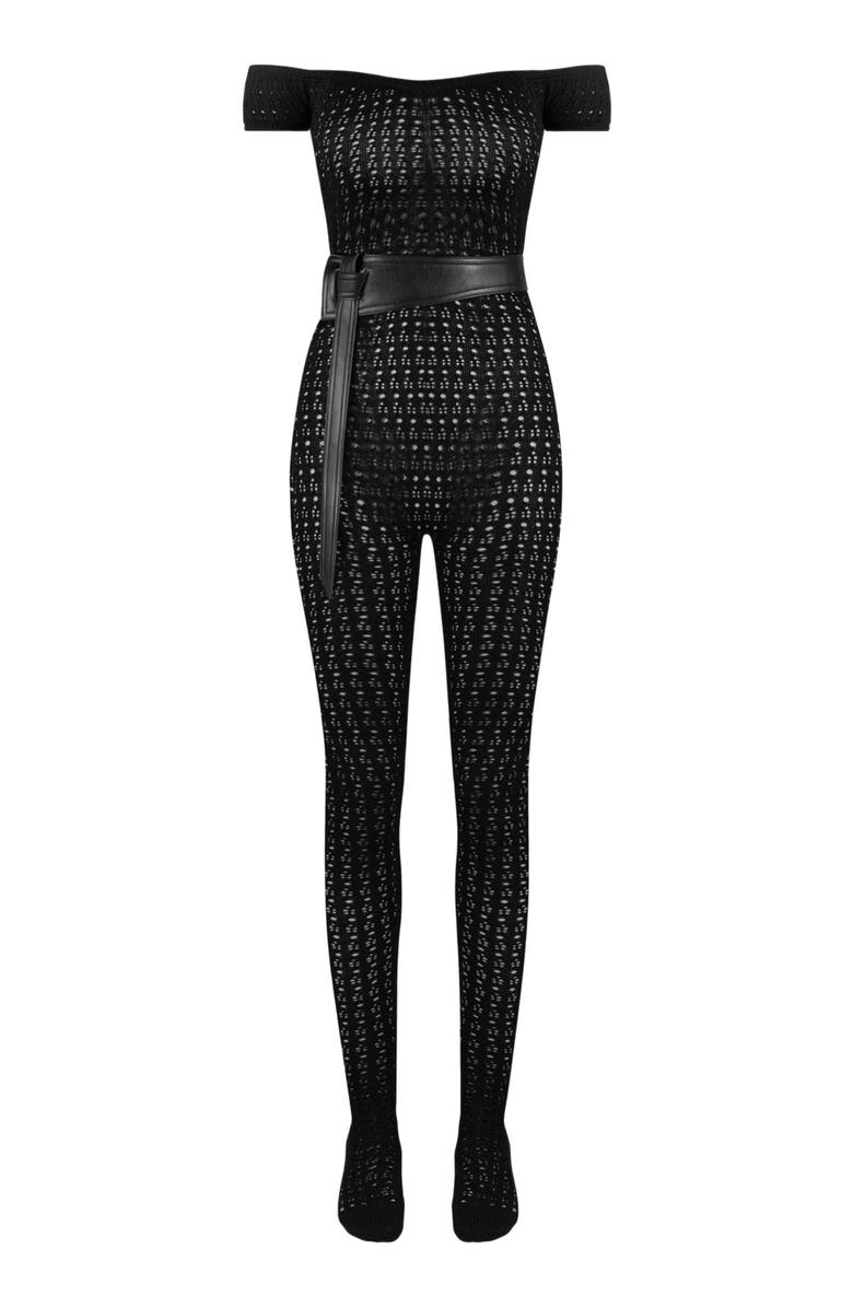 Manière De Voir Martine Pointelle Knit Bardot Jumpsuit with Belt, Alternate, color, Black