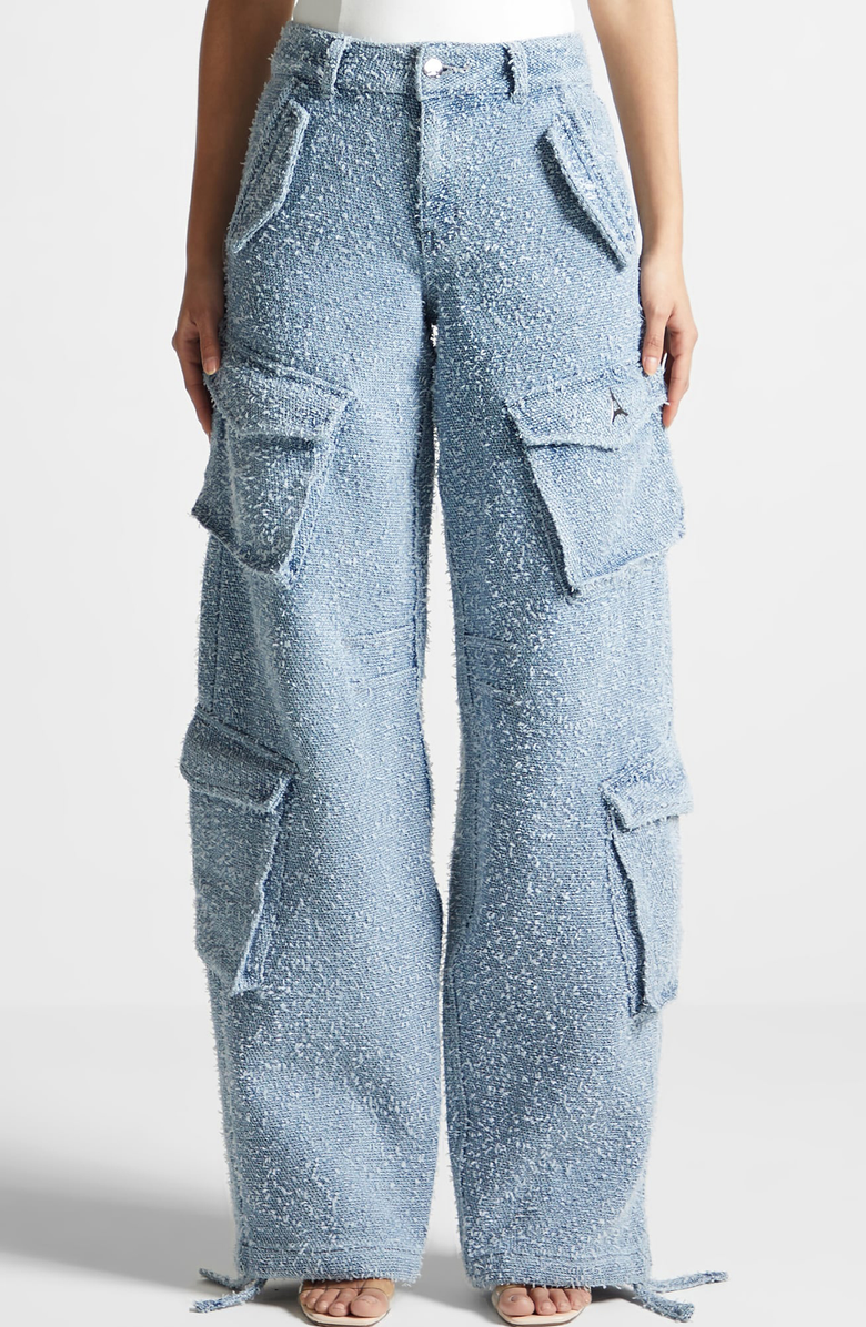 Manière De Voir Anne High Waisted Boucle Denim Cargo Pants, Alternate, color, Mid Blue