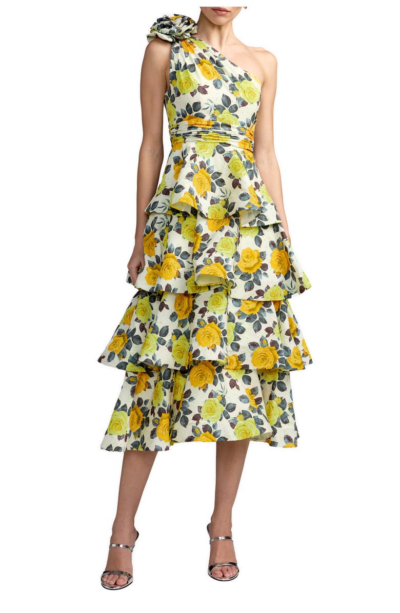 Mac Duggal Floral One Shoulder Charmeuse Tiered Midi Dress, Main, color, Yellow Rose