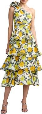 Mac Duggal Floral One Shoulder Charmeuse Tiered Midi Dress