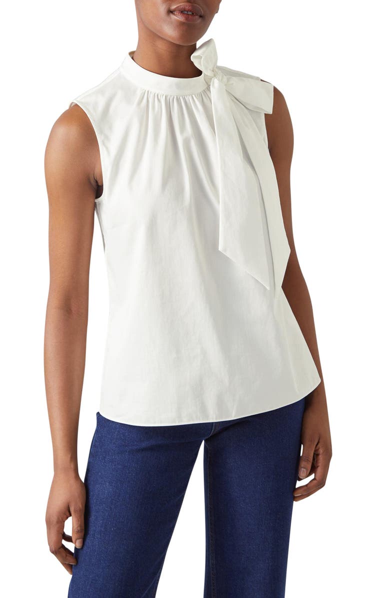 LK Bennett Freud Sleeveless Tie Neck Cotton Top, Main, color, 