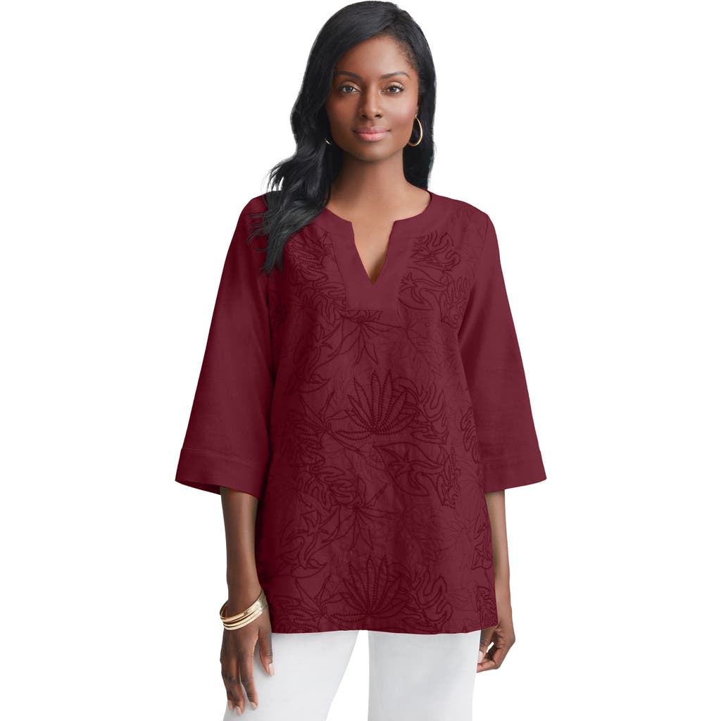Jessica London Linen V-neck Embroidered Tunic In Burgundy