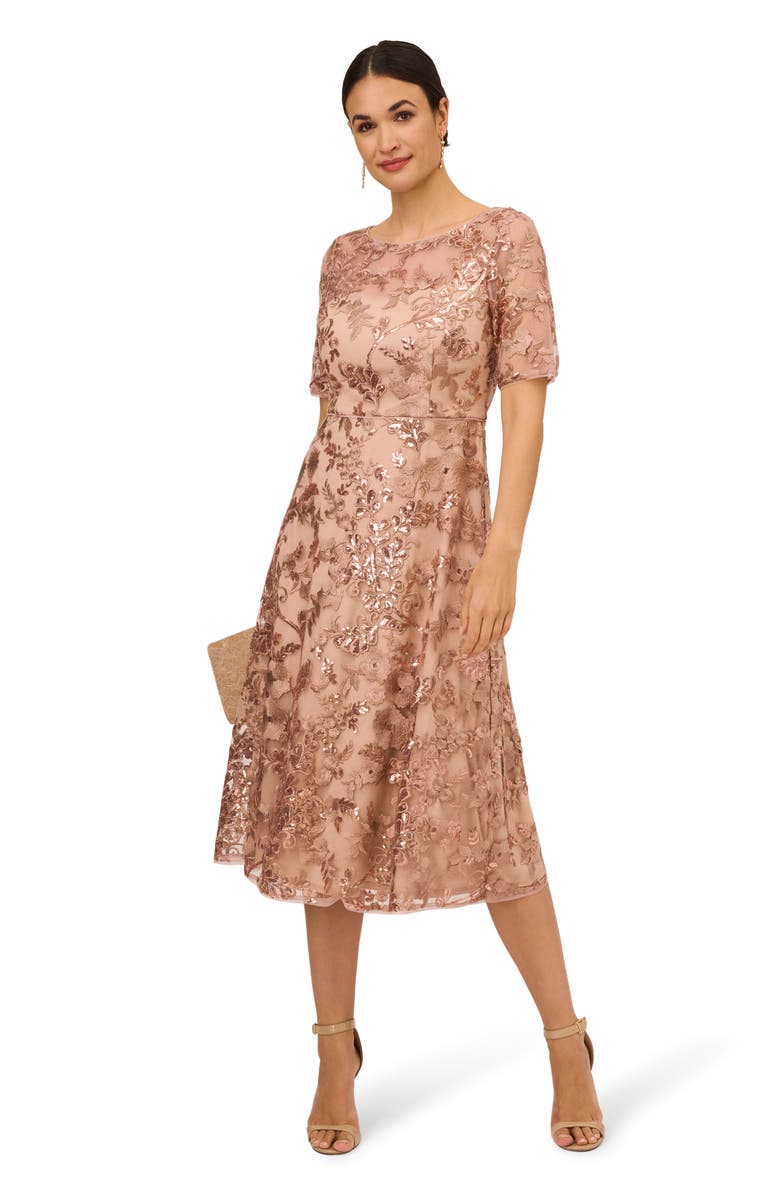Adrianna Papell Embroidered Sequin Midi Fit & Flare Dress, Alternate, color, 