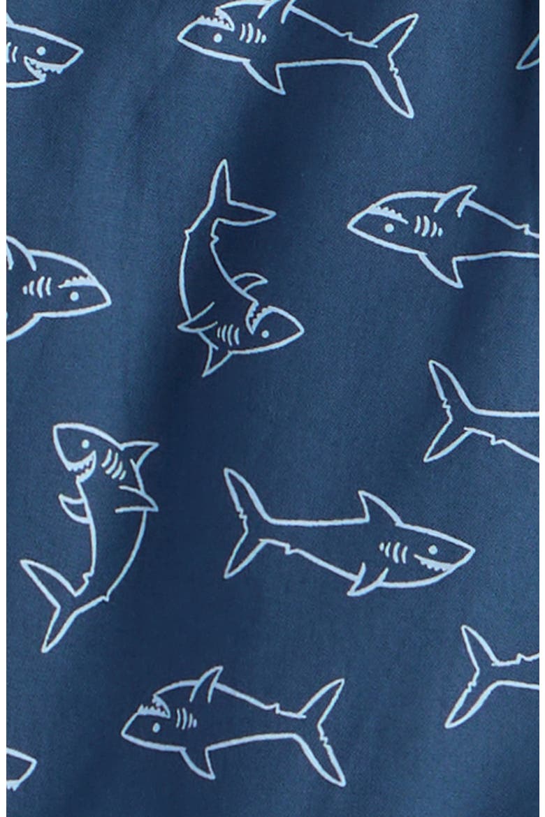 Print Short Sleeve Button-Up Shirt & Shorts Set, Alternate, color, NAVY DENIM HAPPY SHARKS