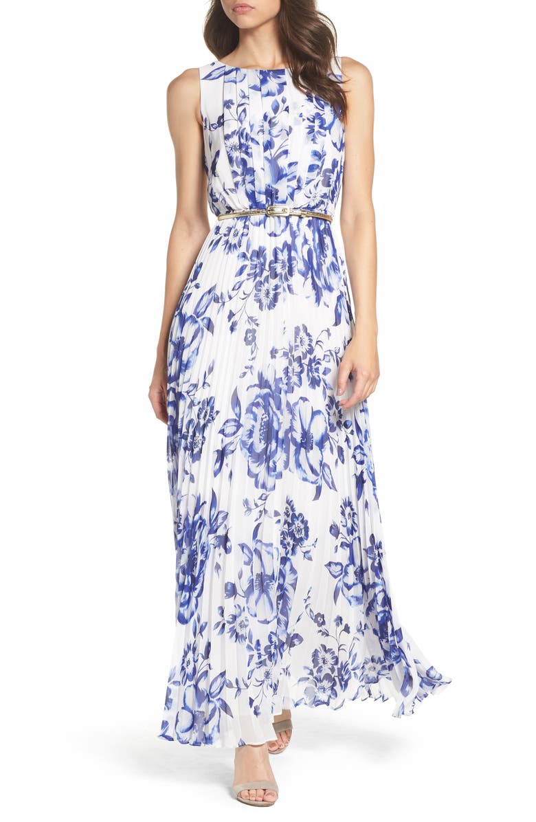 Eliza J Pleated Floral Chiffon Maxi Dress, Main, color,