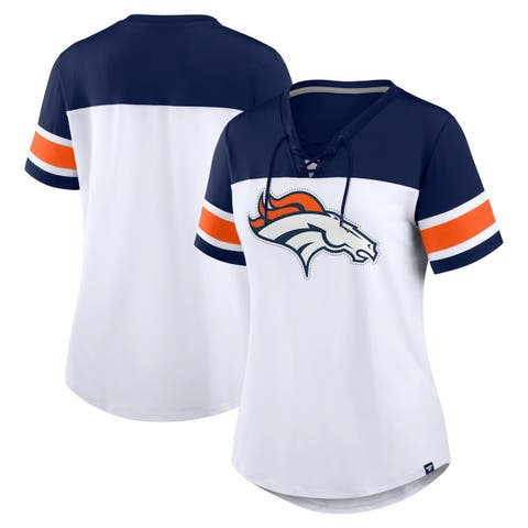 Women's Fanatics White/Navy Denver Broncos Athena Rhinestone Lace-Up V-Neck T-Shirt