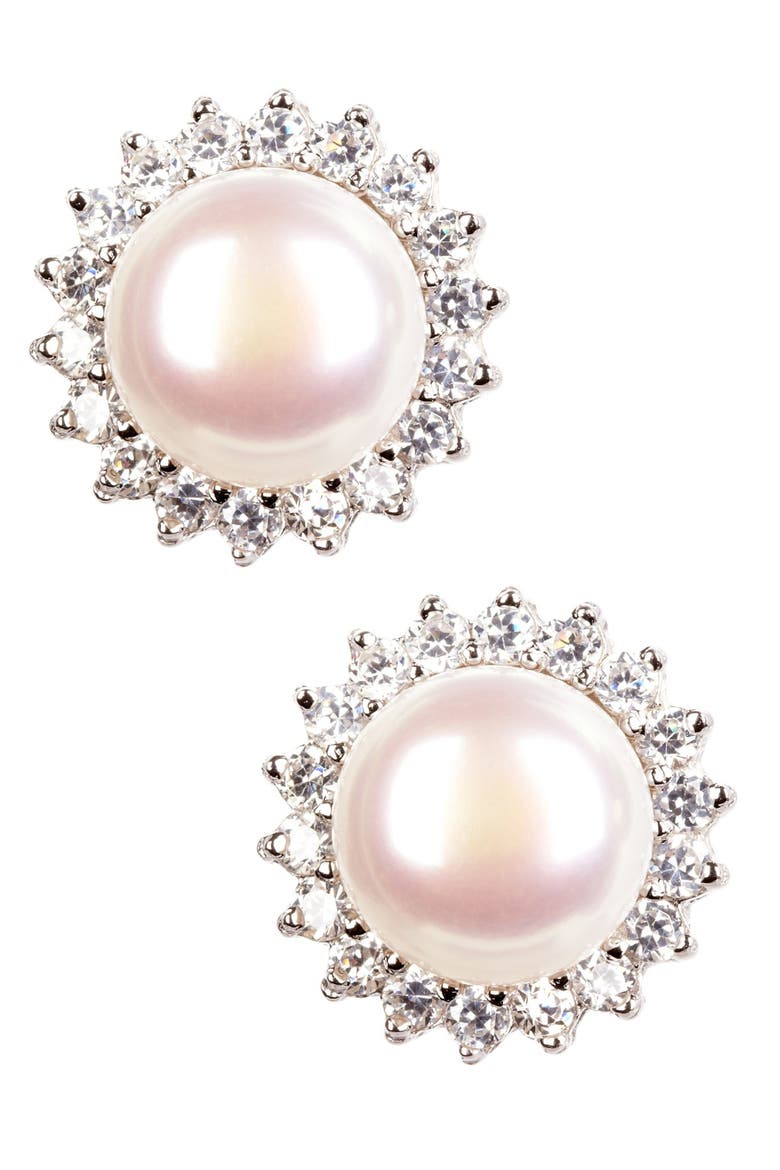 8.5-9mm White Freshwater Pearl & CZ Halo Pendant Necklace & Stud Earrings Set, Alternate, color, WHITE