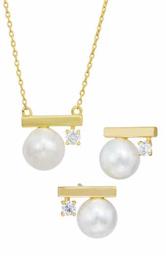 14k Gold Plated Cultured Pearl and Cubic Zirconia Pendant Necklace and Earrings Set