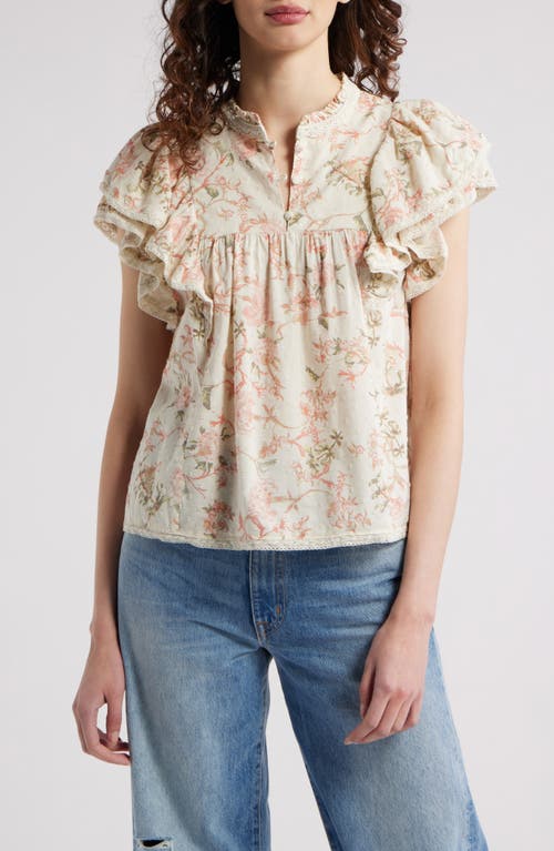 Treasure & Bond Ruffle Sleeve Clip Dot Top In Ivory- Coral Trail Blooms