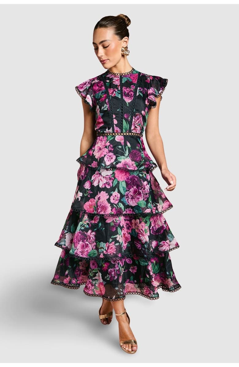 Coast Lace Trim Tiered Organza Midi Dress, Main, color, Navy